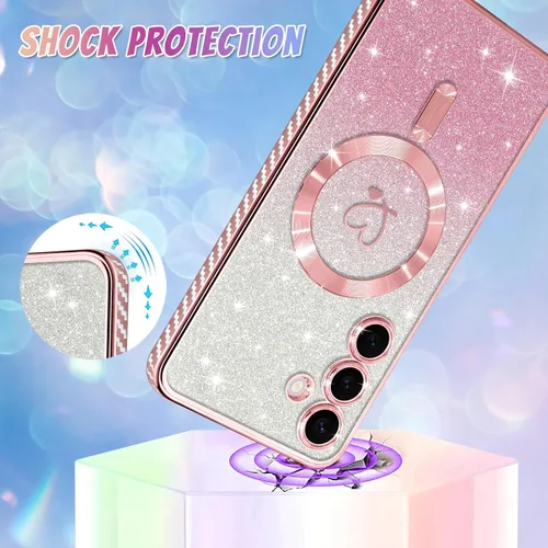 Vista 695 de Bonoma - Funda compatible con Samsung Galaxy S21 Plus, diseño de corazón con purpurina, color rosa Support for MagSafe, Plating Magnetic Case TPU