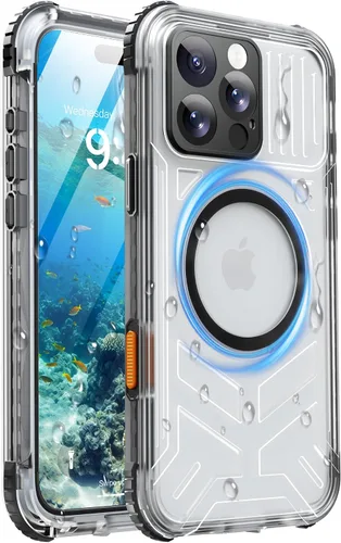 Vista 27 de Funda impermeable para iPhone 15 con Magsafe, protector de pantalla, cordón, IP68 militar de cuerpo completo a prueba de golpes, para deportes