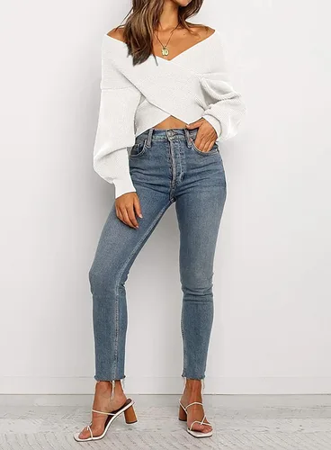 Vista 3 de BTFBM - Suéter casual para mujer con manga larga, cuello en V, frente cruzado, hombros descubiertos, dobladillo asimétrico, tejido de punto