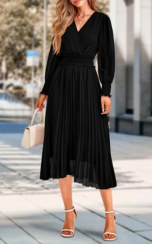 Vista 7 de PRETTYGARDEN Vestidos cruzados con cuello en V para mujer, para invitados de boda, casual, plisado, manga larga, vestido largo fruncido con volantes