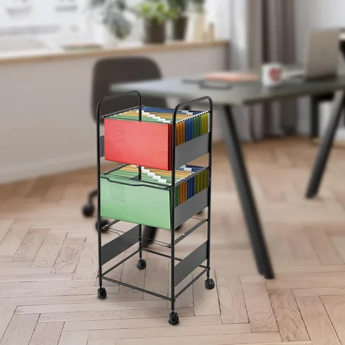 Vista 3 de Carros de archivos de metal de 3 niveles con ruedas, archivos colgantes para tamaño carta, carpeta de archivos extraíble movible, gabinete, Negro