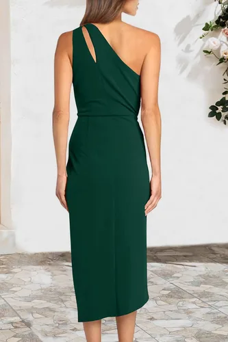 Vista 8 de PRETTYGARDEN Vestido midi de cóctel para mujer, con un hombro descubierto, fruncido, con abertura, para fiesta, cóctel