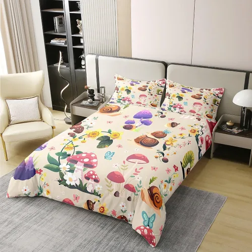 Vista 2 de jejeloiu Cute Mushroom Decor Duvet Cover 100% Cotton for Kids Boys Girls Twin Size Botanical Plants Bedding Set Cartoon Mushrooms Comforter Cover