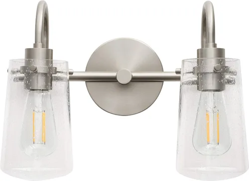 Vista 7 de Linea di Liara Avezzana - Lámpara de tocador de baño de 2 luces de níquel cepillado con pantalla de vidrio transparente, modernas luces de tocador