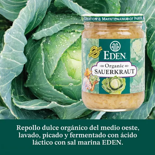 Vista 3 de Eden Chucrut orgánico, tradicional, fermentado con ácido láctico, tarro de vidrio de 18 onzas