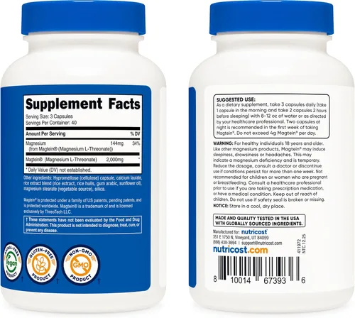 Vista 4 de Nutricost L-treonato de magnesio como Magtein 2000 mg, 120 cápsulas - Sin OGM, sin gluten, apto para vegetarianos