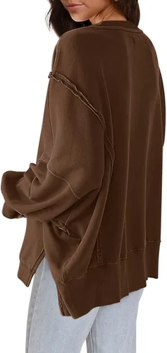Vista 3 de Nirovien Sudadera de cuello redondo de gran tamaño para mujer, con abertura lateral, manga larga, ajuste holgado
