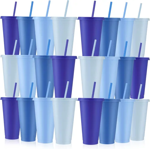 Vista 11 de Skylety - 12 vasos de plástico con purpurina azul con tapas y pajillas, 24