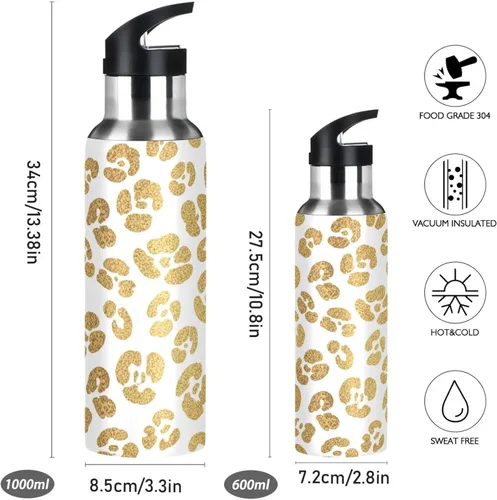 Vista 2 de Gold Leopard Spots White Insulated Water Bottle 32 Oz Leakproof Water Bottles, BPA-Free Sports Water Bottle with Straw