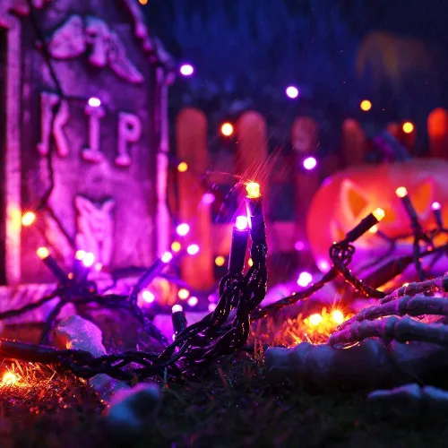 Vista 7 de Brizled - Luces de Halloween naranjas y moradas, 10 mt, 100 luces LED de Halloween, 5mm de ancho, luz de cuerda de ángulo amplio, 120 V