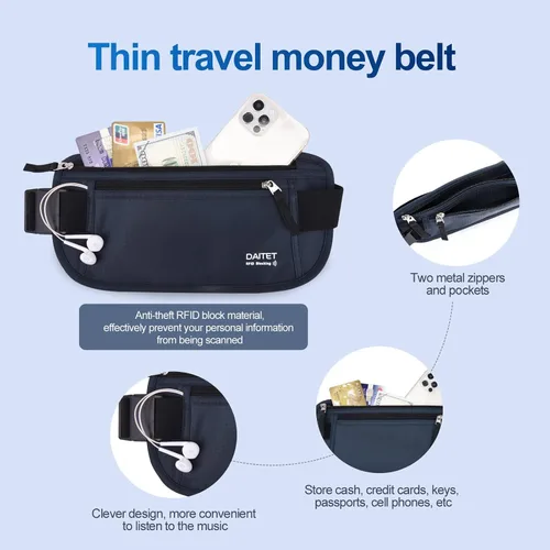 Vista 111 de DAITET Cinturón de dinero, soporte para pasaporte, cartera de viaje oculta segura con bloqueo RFID, riñonera encubierta (negro), Negro, Rfid