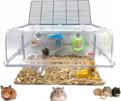 Vista 10 de Ratón de hámster acrílico transparente de 2 niveles de lujo, con rueda grande, botella de agua, torre, tazón de comida, esconder la casa, base