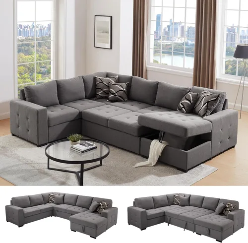 Vista 8 de THSUPER Sofá cama seccional de 123 pulgadas con cama extraíble, 6 plazas en forma de U de gran tamaño, sofás seccionales con diván de almacenamiento