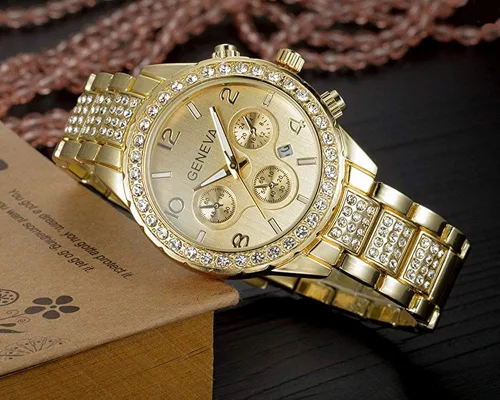 Vista 7 de Reloj de cuarzo unisex con diamantes de cristal flotantes de lujo con pulsera de eslabones de acero inoxidable Rose gold