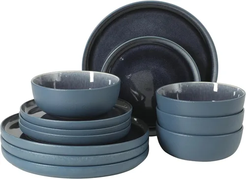 Vista 23 de Gibson Elite Nardini 12 Piezas (Servicio para 4) Platos y Cuencos de Esmalte Reactivo Vajilla de Cerámica de Piedra - Negro y Azul