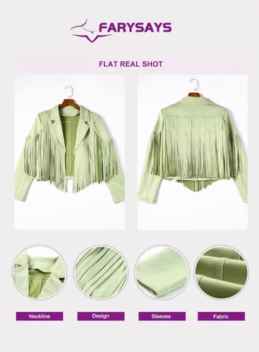 Vista 5 de FARYSAYS Chaquetas recortadas de piel sintética con flecos para mujer, Marrón