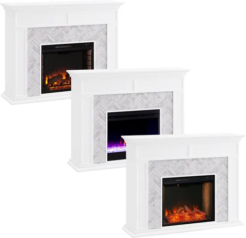 Vista 10 de SEI Furniture Torlington - Chimenea eléctrica con azulejos, blanco, mármol gris, 15 pulgadas de profundidad x 50 pulgadas de ancho x 39 pulgadas
