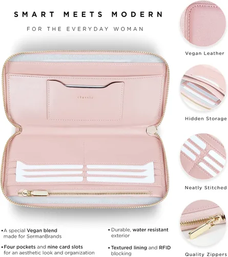Vista 4 de SERMAN BRANDS Billeteras clásicas de embrague para mujer con bloqueo RFID. Cartera con soporte para teléfono