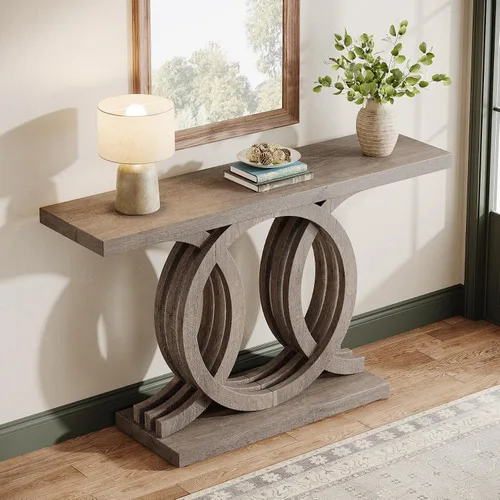 Vista 5 de Tribesigns Mesa consola de 55 pulgadas con base de madera geométrica, mesa de entrada moderna con mesa gruesa para sala de estar, pasillo, Marrón