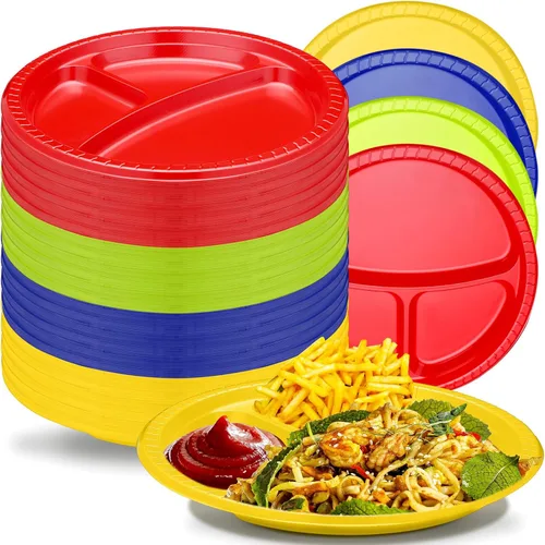 Vista 16 de Umigy 100 platos de plástico divididos de 10 pulgadas, 3 compartimentos, a granel, colorido, desechable, resistente, vajilla redonda para San Negro