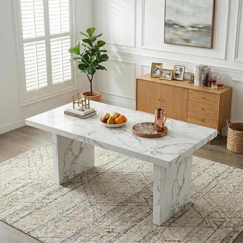 Vista 8 de gopop Mesa de comedor de mármol de 63 pulgadas, tablero de mesa de comedor MDF con patrón de mármol y base para cocina y comedor.