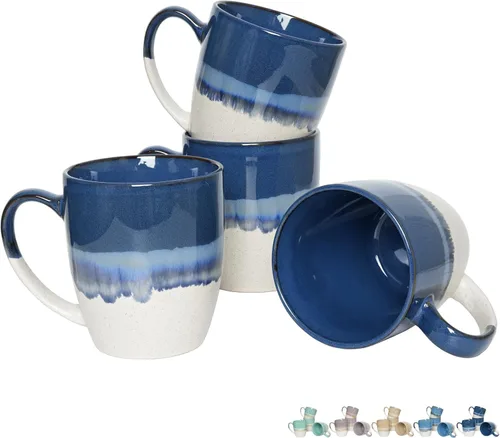 Vista 9 de Bosmarlin Juego de 4 tazas de café de cerámica, 17 oz, tazas de café con asa grande, aptas para microondas, esmalte reactivo único Marrón Gris