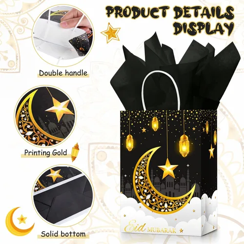 Vista 6 de Censen 16 juegos de bolsas de regalo de Eid Mubarak con papel de seda, bolsas de golosinas de Ramadán para suministros de fiesta de Ramadán (negro)