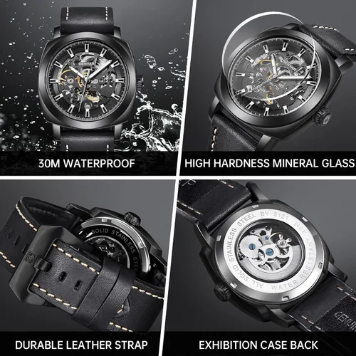 Vista 5 de BENYAR Mens Automatic Mechanical Watch Skeleton Dress Watch for Men Negro