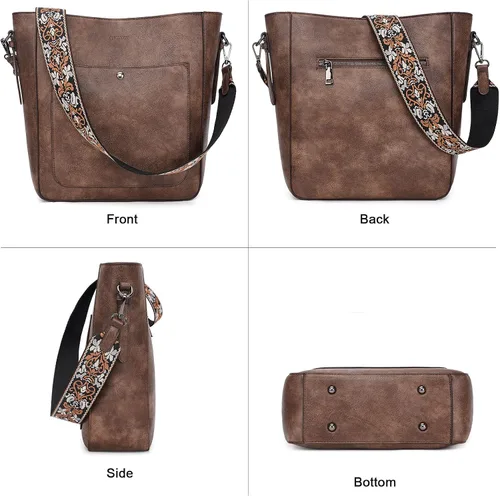 Vista 2 de HKCLUF Vegan Leather Crossbody Bags for Women Large Capacity Boho Bucket Bag Crossbody Purse and Handbags With 2PCS Strap