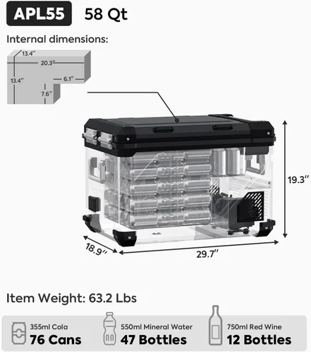 Vista 2 de ICECO APL55 Refrigerador portátil de dos zonas con control Bluetooth, refrigerador de 55 litros de 12v con compresor SECOP, DC 12/24V, CA 110-240V