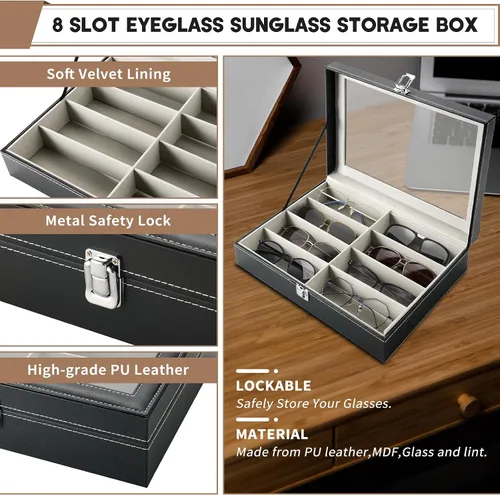 Vista 3 de Caja de almacenamiento para lentes de sol de 8 ranuras, de piel sintética, color negro, para mujeres y hombres, 8 ranuras para guardar lentes