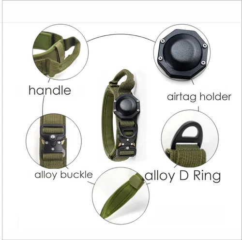 Vista 3 de Collar táctico personalizado para perro AirTag, 100 % impermeable, ajustable, de nailon para entrenamiento militar, con asa de control y hebilla