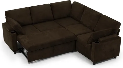 Vista 8 de Sofá modular de felpilla de 85 pulgadas con cama extraíble y Marrón