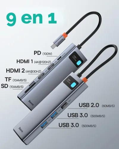 Vista 2 de Baseus Laptop Docking Station Dual Monitor 9 in 1 USB C Hub up to 4K@120Hz