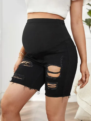 Vista 3 de Floerns Pantalones cortos de mezclilla de maternidad para mujer con dobladillo enrollado