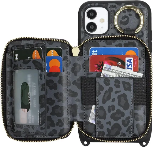 Vista 6 de Funda tipo cartera cruzada para iPhone 11, de piel sintética con cierre de cremallera, estilo bolso de mano, con función atril, ranuras