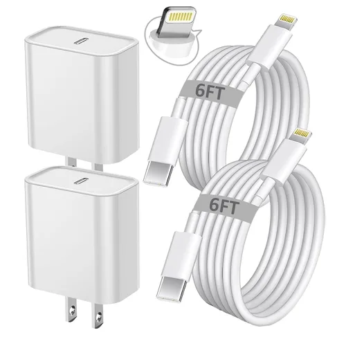 Vista 14 de Cargador rápido para iPhone, [certificado MFi] 2 paquetes de 20 W de doble puerto PD/QC3.0 USB C cargador de pared con cable USB C a Lightning de 6