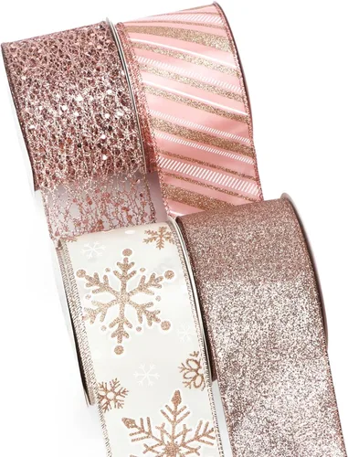 Vista 5 de Ribbli - Cinta con alambre dorada champagne para árbol de Navidad, cinta de malla con purpurina y diseño de copos de nieve para manualidades