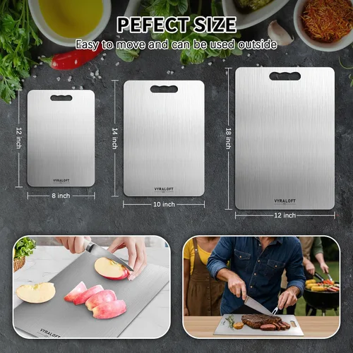 Vista 7 de Tabla de Cortar de Titanio Para Cocina Juego de 3, Tablas de Cortar de Titanio 100% Puro, Calidad de Grado Alimenticio de Doble Cara, Fácil