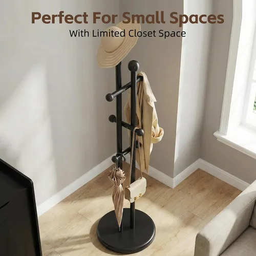 Vista 4 de Uniclinens Perchero de madera independiente – Perchero independiente resistente, perchero de madera con 6 ganchos, aspecto creativo de rama de árbol