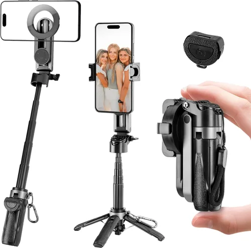 Vista 8 de MQOUNY para soporte trípode Magsafe para iPhone, palo selfie portátil de bolsillo con control remoto recargable y anillo de metal, trípode