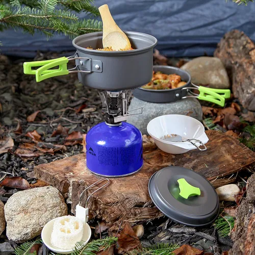 Vista 8 de MalloMe Kit de utensilios de cocina de camping para equipo de mochilero – Juego de cocina de camping – Juego de ollas y sartenes – Estufa