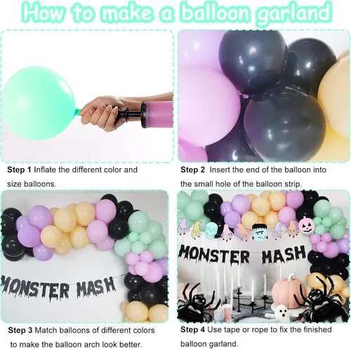 Vista 7 de Kit de arco de guirnalda de globos de monstruo de Halloween, globos negros, morados, verdes con globos de papel de aluminio, pancarta de monstruo