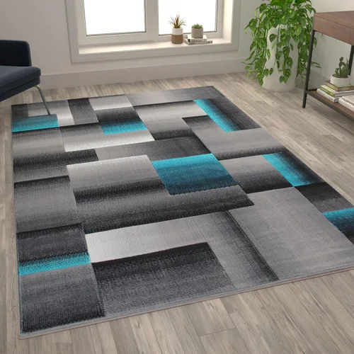 Vista 29 de Flash Furniture Elio Collection - Alfombra de área con patrón de bloques de color, alfombra de olefina azul de pelo alto, alfombra de área de 2 x 3