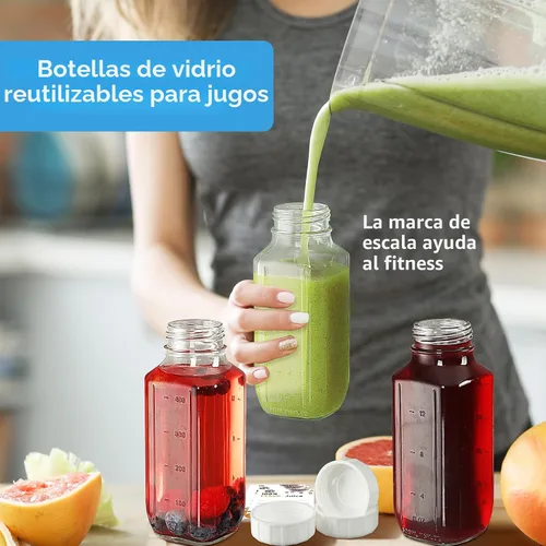 Vista 6 de Syntic - Paquete de 3 botellas de jugo de vidrio de 16 onzas con tapas y 2 boquillas de vertido Clear Reusable Glass with Measurement Marks for