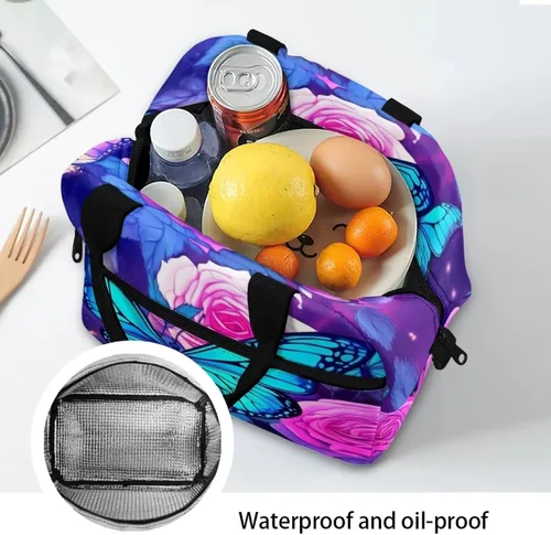 Vista 5 de Showudesigns Bolsas de almuerzo de flores de mariposa para mujer, lonchera aislada, bolsa de almuerzo reutilizable con correa ajustable