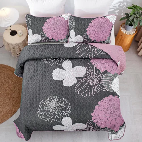 Vista 6 de Anibedding Juego de edredón floral gris y rosa, tamaño Queen, 3 piezas Gris/Rosa