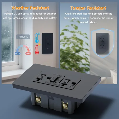 Vista 2 de BSEED - Salida GFCI de 20 amperios, enchufe eléctrico GFI de autoprueba con indicador LED, receptáculo GFCI resistente a la intemperie y Negro