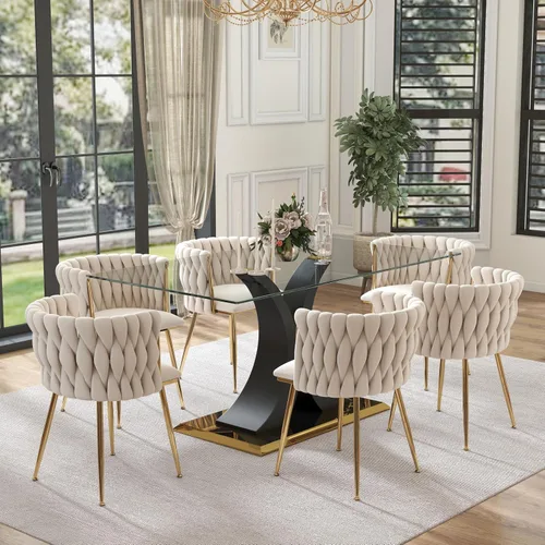 Vista 46 de Juego de comedor moderno de vidrio de lujo de 5 piezas, juego de cena rectangular minimalista grande para 4, juego de mesa de cocina de vidrio