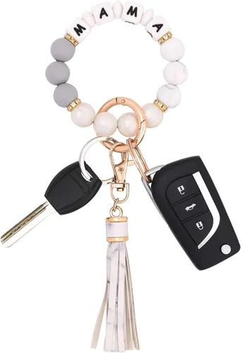 Vista 21 de BAOSIWA Pulsera de cuentas de silicona, llavero de pulsera, cadena para mujer, con borla de cuero Negro